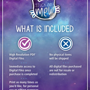 Op de afbeelding: Een digitale download-afbeelding met een paarse, roze en blauwe galactische achtergrond. De afbeelding bevat een vinkje en een kruis met tekst die de digitale download beschrijft. De tekst luidt "Hoge resolutie PDF Digitale bestanden", "Onmiddellijke toegang tot digitale bestanden zodra de aankoop is voltooid", "Print zoveel keer als je wilt, voor persoonlijk gebruik of om cadeau te doen", "Geen fysieke items worden verzonden", en "Alle gekochte digitale bestanden zijn niet bedoeld voor wederverkoop of herdistributie".