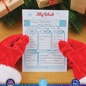 Op de afbeelding: Een printbare kerst verlanglijst voor kinderen. De lijst heeft secties voor "Ik wil", "Ik heb nodig", "Ik zal dragen", "Ik zal lezen" en "Mijn favorieten". De lijst is versierd met sneeuwvlokken en snoepstokken.