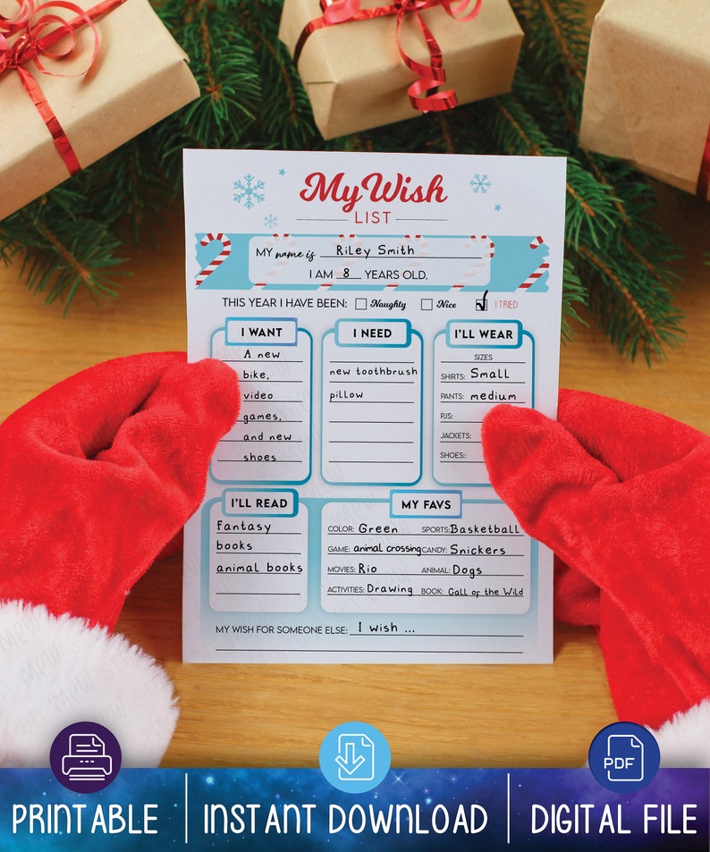 Printable Christmas Gift Wish List Template, My Wish List, Christmas Printable Christmas Gift Wish List Template, My Wish List, Christmas
