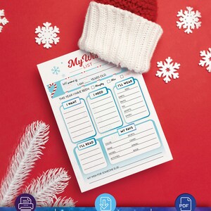 Op de afbeelding: Printbare kerst verlanglijst voor kinderen met een snoepstokontwerp. De lijst bevat secties voor "Ik wil", "Ik heb nodig", "Ik zal dragen", "Ik zal lezen" en "Mijn favorieten".