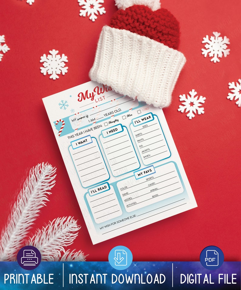 Op de afbeelding: Printbare kerst verlanglijst voor kinderen met een snoepstokontwerp. De lijst bevat secties voor "Ik wil", "Ik heb nodig", "Ik zal dragen", "Ik zal lezen" en "Mijn favorieten".