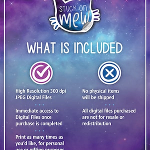 Puede incluir: Un gr&aacute;fico de descarga digital con un fondo de galaxia morado, rosa y azul. El texto "Stuck on Mew" est&aacute; en un c&iacute;rculo blanco con una silueta de cabeza de gato. Una marca de verificaci&oacute;n y una X est&aacute;n en c&iacute;rculos con texto que describe lo que se incluye en la descarga digital. El texto dice "Archivos digitales JPEG de alta resoluci&oacute;n 300 dpi. Acceso inmediato a los archivos digitales una vez que se completa la compra. Imprima tantas veces como desee, para uso personal o para regalar." y "No se enviar&aacute;n art&iacute;culos f&iacute;sicos. Todos los archivos digitales comprados no son para reventa o redistribuci&oacute;n."