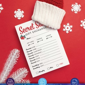 Puede incluir: Tarjeta de juego de intercambio de regalos de Secret Santa imprimible con fondo blanco y texto negro. La tarjeta incluye una lista de preguntas para ayudarte a encontrar el regalo perfecto para tu destinatario de Secret Santa. Las preguntas incluyen: Nombre, Tarjetas de regalo, Velas, Lociones, Tienda favorita, Afici&oacute;n favorita, Golosina/Bocadillo favorito, Restaurante favorito, Aroma favorito, Color favorito, Equipo favorito, Algo que necesito, Algo que quiero, Travieso, Agradable, Lo he intentado.