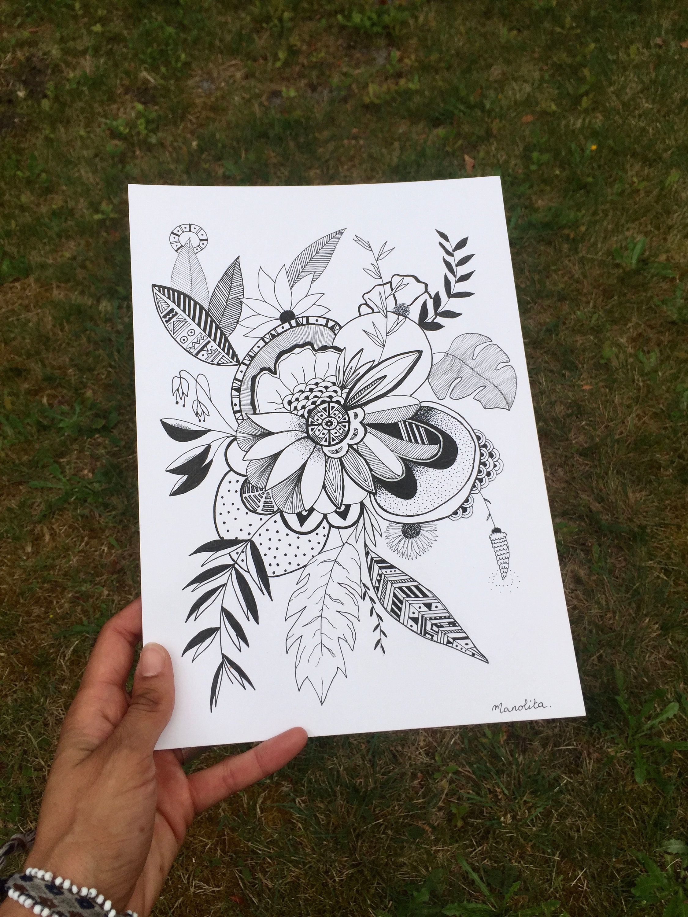 Flower Power One - Affiche Décorative Floral, Illustration de Fleurs, Dessin Artistique en Noir et B