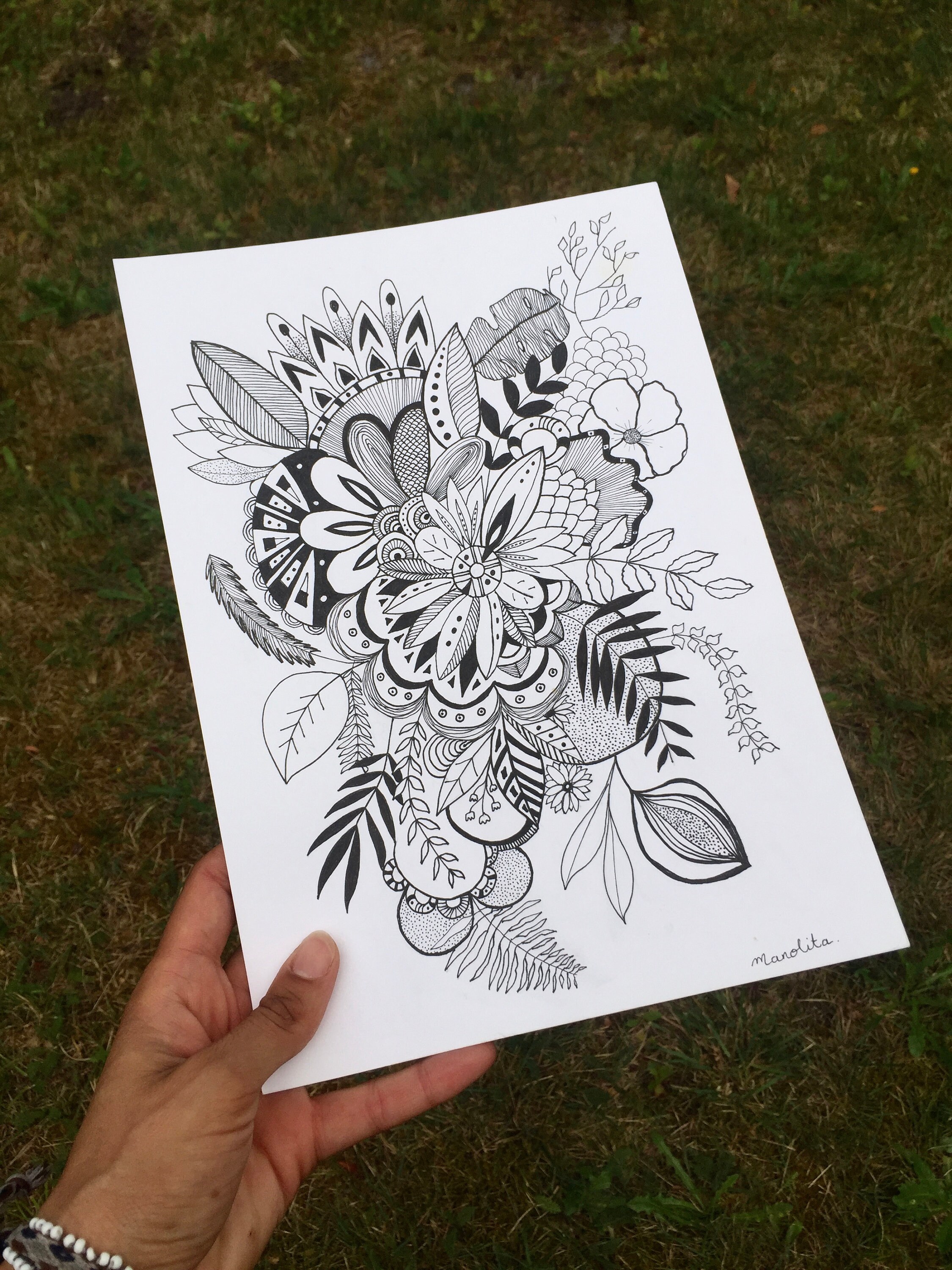 Flower Power Three - Affiche Décorative Floral, Illustration de Fleurs, Dessin Artistique en Noir et