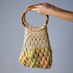 Shopping bag, women string bag with wooden handle, eco bag as a gift, woven bag, gift for mother in law, mesh bag, summer bag, walking bag