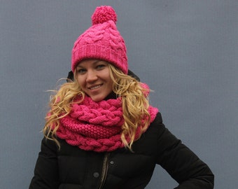 Women hat and snoot set, infinity chunky scarf, winter set, knit hat scarf mittens gloves set, oversized winter scarf, bright pink scarf