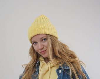 Classic ribbed hat, cuffed beanie, light yellow women beanie, fisherman trawler cap, minimal plain winter hat, hand knit thick hat unisex