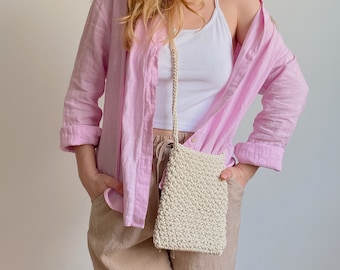 Crossbody knitted bag, square small crossbody bag, daily mini knit bag for women, white knit phone bag, beige crochet purse, chunky knit bag
