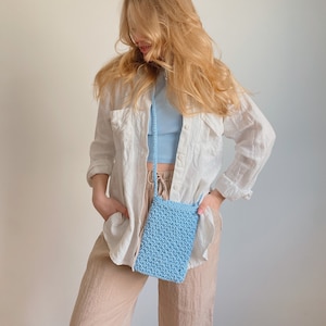 Crossbody knitted bag, square small crossbody bag, daily mini knit bag for women, knit phone bag, blue crochet purse, chunky knit bag image 1