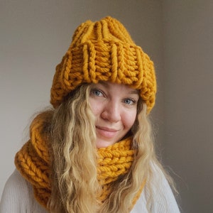 Oversize knit scarf hat set, infinity chunky mustard scarf, giant scarf, handknit women beanie scarf snood set, wool beanie, bulky hat image 1