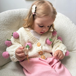Personalized strawberry baby cardigan, baby shower gift, 3D fruit embroidered, handmade kids clothes, birthday party gift, baby girl outfit