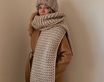 Long scarf, luxurious oversized chunky knit scarf, neck warmer, hand knitted shawl, very long shoulder wrap, big cable scarf blanket