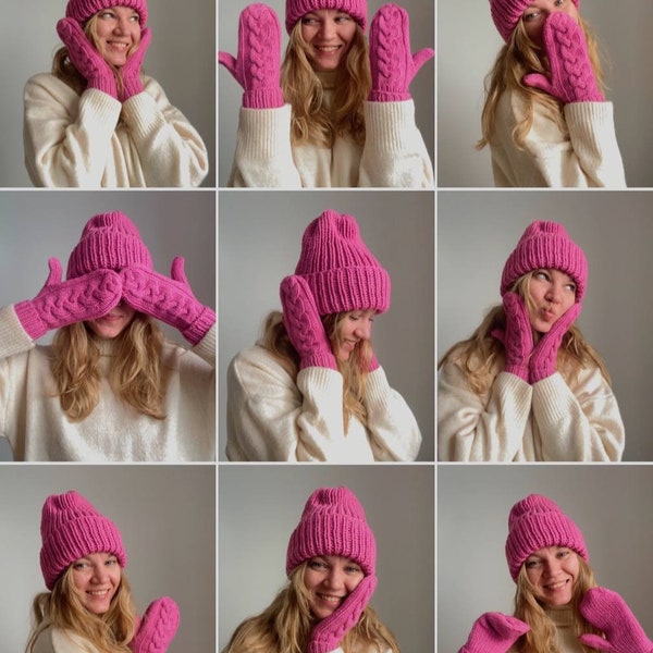 Chapeau et mitaines en tricot assortis de couleur fuchsia, chapeau de câble, ensemble chapeau et mitaines, cadeau pour elle, mitaines de câble, mitaines pour femmes, mitaines d'hiver