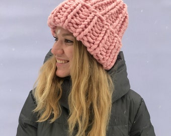 Chunky knit hat, helsinki hat, trendy oversized knit beanie, giant knitting, winter hat, women's wool knit hat, pink hat, hat with pom pom