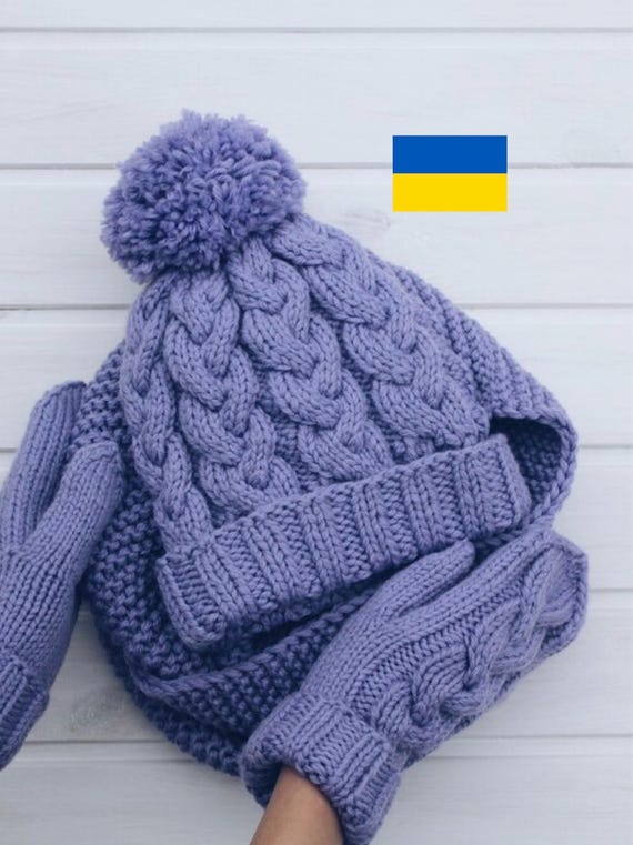 Purple Hat Gloves Set, Lilac Knit Hat and Scarf Set, Woman  display picture 1