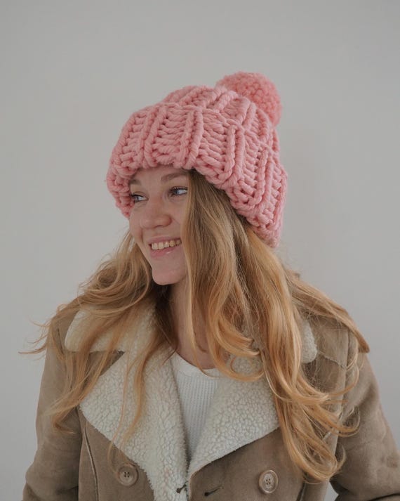 Handmade Chunky Beanie — Thick Knit Hat, Warm Winter Accessory (Pink) Handmade Bright Pink Chunky Knit Beanie – Warm Winter Cap - Etsy main image 3
