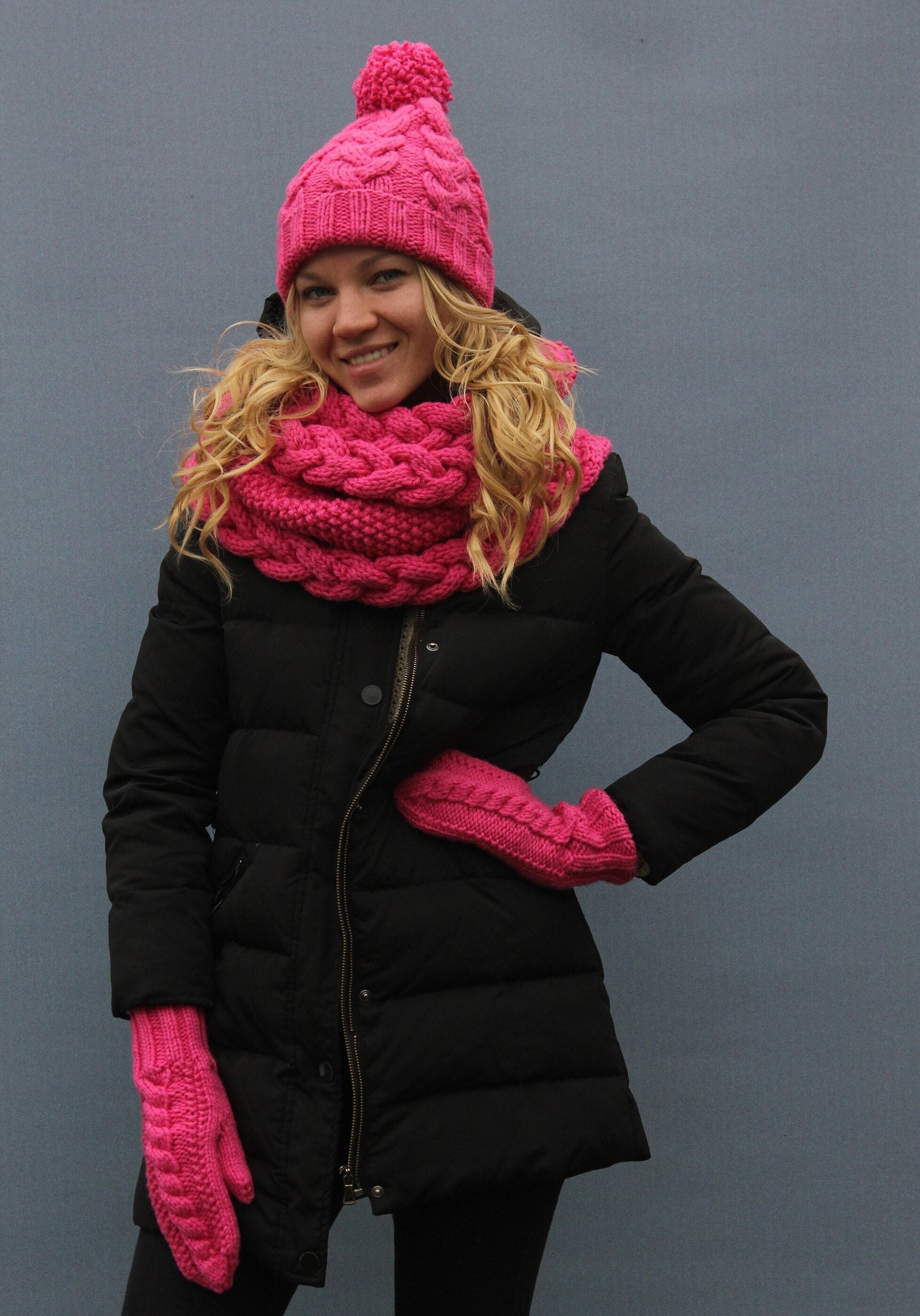 Pink and Black woman’s Winter Hat and Scarf Set Womens Hat and Scarf Set/ Womens Winter Hat/ Pink Hat  main image 3
