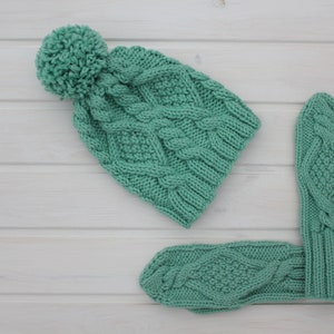 Women's hat mittens set, chunky cable pompom hat, mint green color, hand knitted mittens, bobble hat with rhombuses, soft hat with pattern image 6