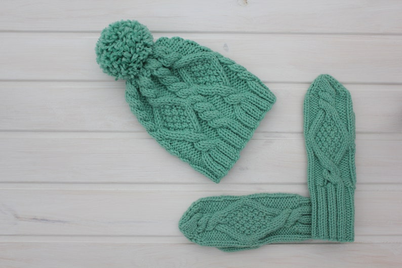 Women's hat mittens set, chunky cable pompom hat, mint green color, hand knitted mittens, bobble hat with rhombuses, soft hat with pattern image 6