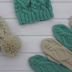 Women's hat mittens set, chunky cable pompom hat, mint green color, hand knitted mittens, bobble hat with rhombuses, soft hat with pattern image 7