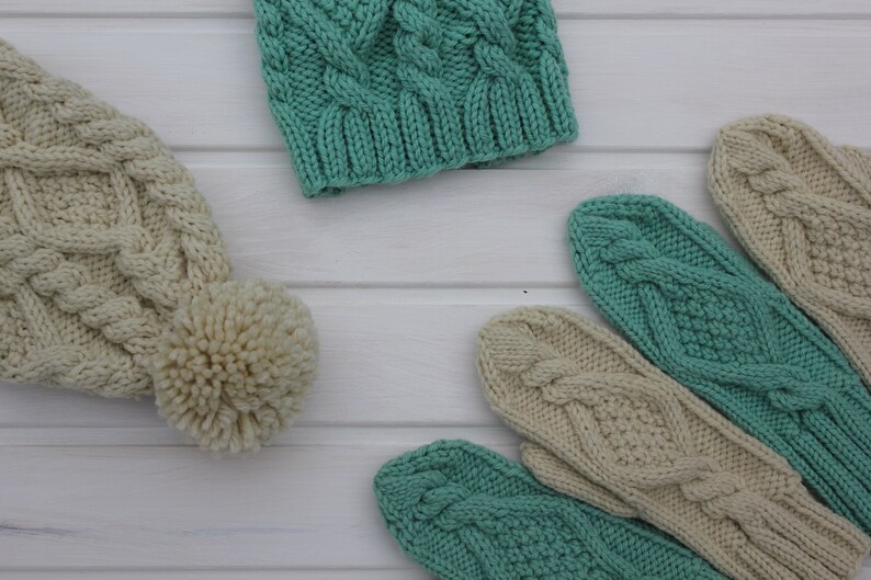 Women's hat mittens set, chunky cable pompom hat, mint green color, hand knitted mittens, bobble hat with rhombuses, soft hat with pattern image 7