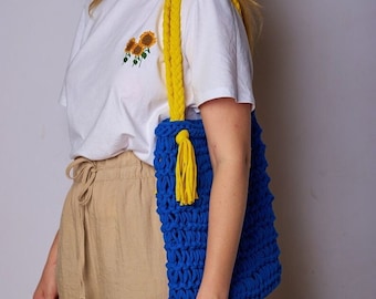 Sac d'épicerie en maille, sac à provisions réutilisable, sac à bandoulière pour femme, grand sac de marché, sac de vacances pour fille, sac tricoté bleu et jaune, sac de marche