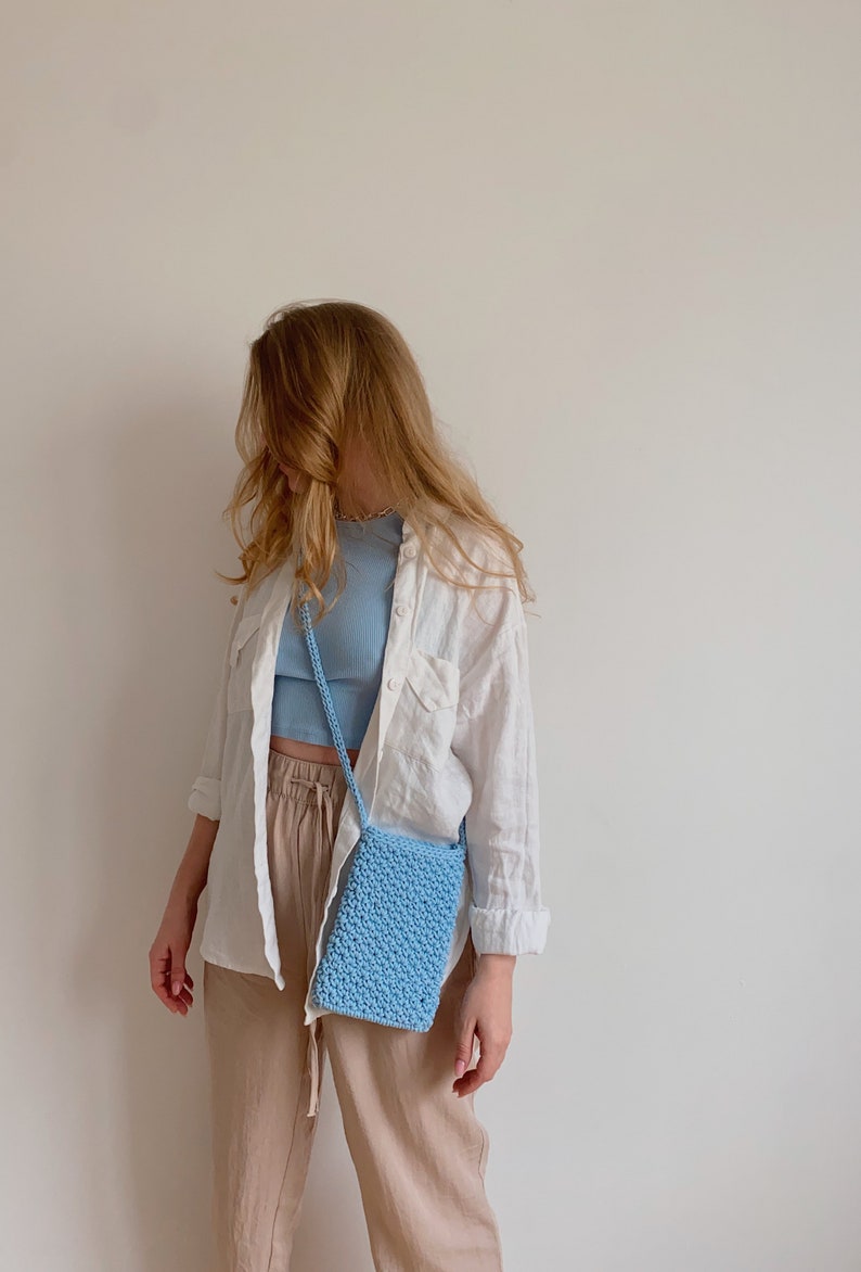 Crossbody knitted bag, square small crossbody bag, daily mini knit bag for women, knit phone bag, blue crochet purse, chunky knit bag image 4