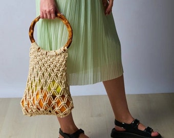 Mesh grocery bag, macrame shopping bag with round wood handles, shoulder handbag, bundle sinamay net bag, reusable shopping bag, net bag