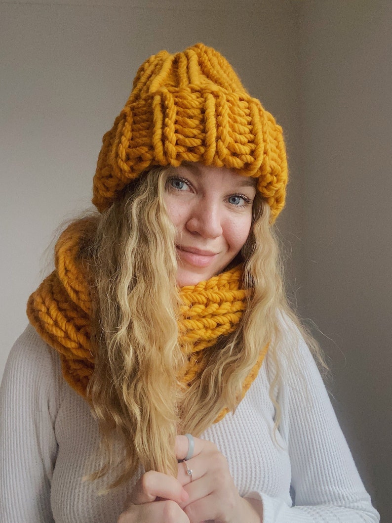 Oversize knit scarf hat set, infinity chunky mustard scarf, giant scarf, handknit women beanie scarf snood set, wool beanie, bulky hat image 1