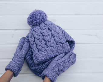 Purple hat gloves set, lilac knit hat and scarf set, woman winter hat and mitten set, knit hat mittens, wool hat and scarf