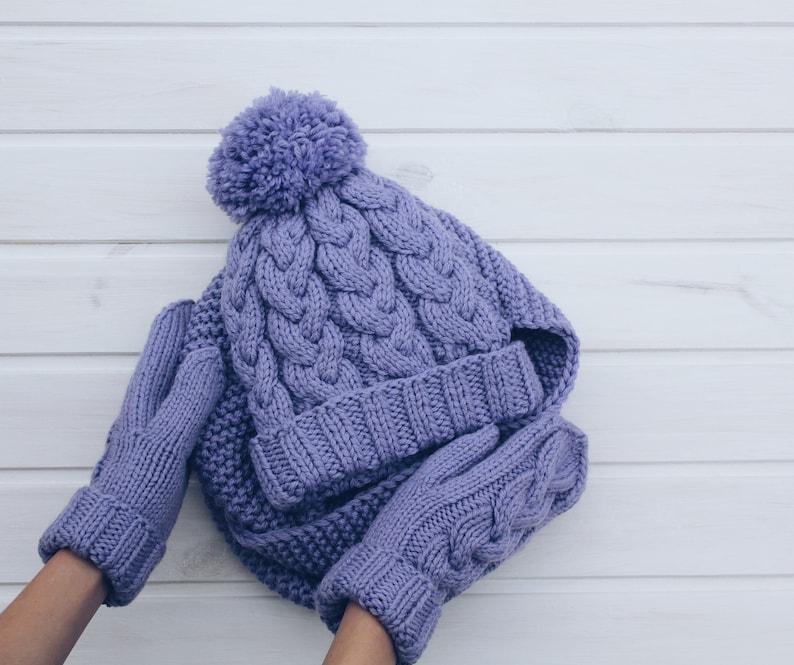 Purple hat gloves set, lilac knit hat and scarf set, woman winter hat and mitten set, knit hat mittens, wool hat and scarf image 1