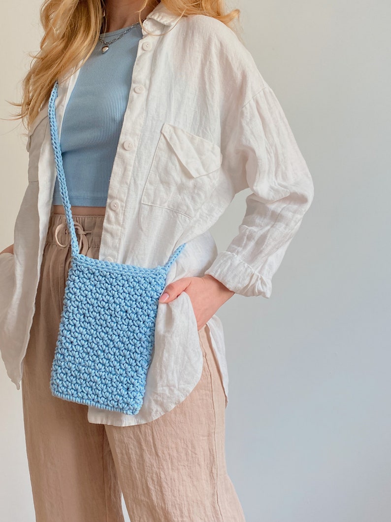 Crossbody knitted bag, square small crossbody bag, daily mini knit bag for women, knit phone bag, blue crochet purse, chunky knit bag image 2