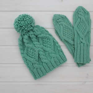 Women's hat mittens set, chunky cable pompom hat, mint green color, hand knitted mittens, bobble hat with rhombuses, soft hat with pattern image 5