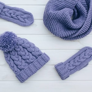 Purple hat gloves set, lilac knit hat and scarf set, woman winter hat and mitten set, knit hat mittens, wool hat and scarf image 2