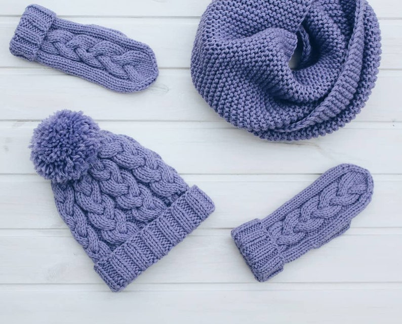 Purple hat gloves set, lilac knit hat and scarf set, woman winter hat and mitten set, knit hat mittens, wool hat and scarf image 2