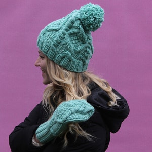 Women's hat mittens set, chunky cable pompom hat, mint green color, hand knitted mittens, bobble hat with rhombuses, soft hat with pattern image 4