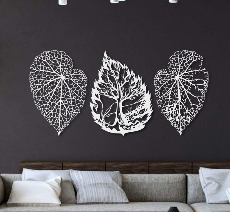 Leaf Wall Decor Set of 3 Large Metal Wall Art Modern Leaves Etsy