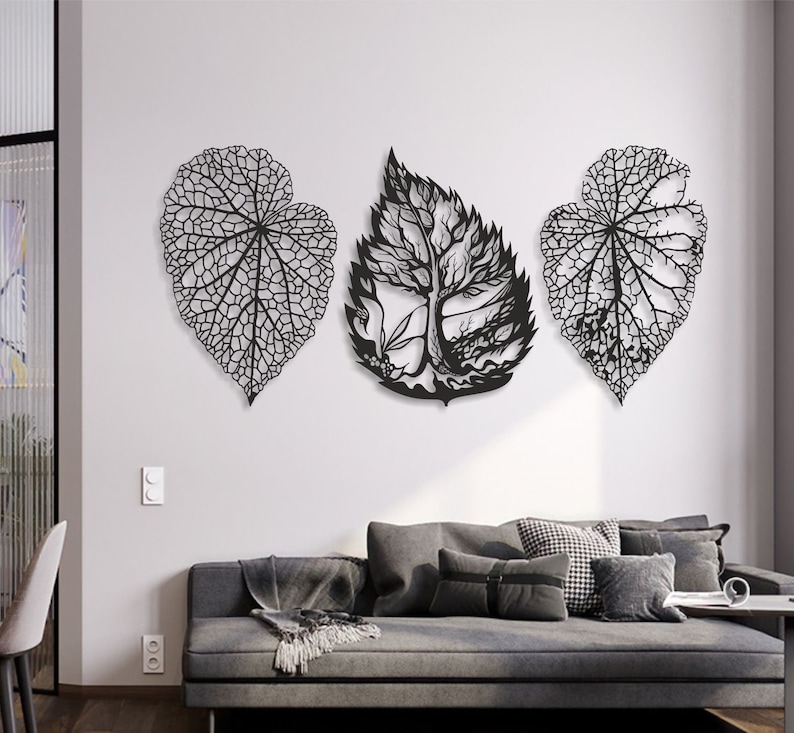 Leaf Wall Decor Set of 3 Large Metal Wall Art Modern Leaves Etsy