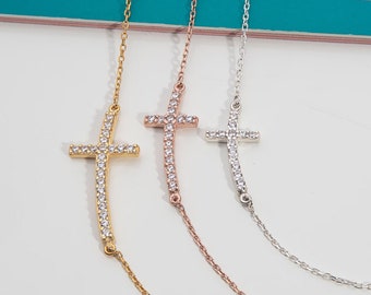 Sideways Cross Diamond Necklace, Silver Sideways Crucifix Necklace, 14K Gold Cross Necklace, Mother Gift Jewelry, Best Mother's Day Gift