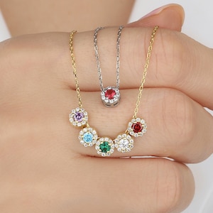 Sterling Silver Family Birthstone Necklace: Personalized Mom Gift