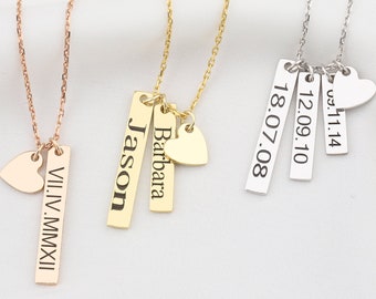 Personalized Bar Necklace, Initial Necklace, Engraved Name Necklace, Family Necklace, Tiny Bar Necklace, Vertical Name Bar,Mother's Day Gift