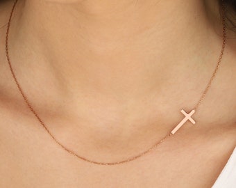 14K Gold Sideways Cross Necklace, Tiny Cross Necklace, Silver Sideways Cross Necklace, Initial Sideways Croos Necklace, Religious Jewelry