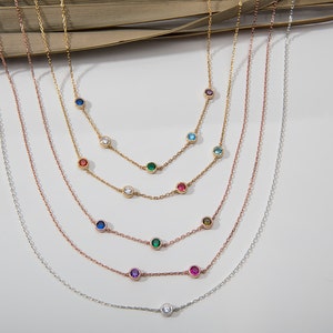 14K Gold Spaced Multi Birthstone Necklace, Silver Family  Necklace, Dainty Family Birthstone Necklace, Gift For Grandma, Best Christmas Gift
