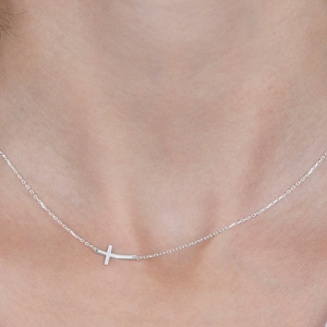 Off Center Cross Necklace, Silver Sideways Crucifix Necklace, 14K Gold Sideways Cross Necklace, Mother Gift Jewelry, Best Christmas Gift