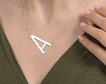 Large Sterling Silver Initial Necklace: Personalized Sideways Letter