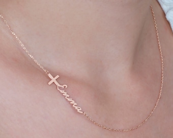 Personalized Sideways Cross Necklace, Silver Handwriting Name Necklace Cross, 14K Gold Name Cut Cross Necklace, Mother Gift Jewelry