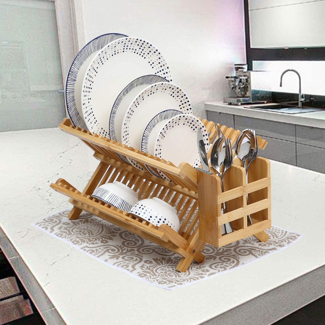 Bamboo Dish Drying Rack with Utensil Holder and Drying Mat Etsy