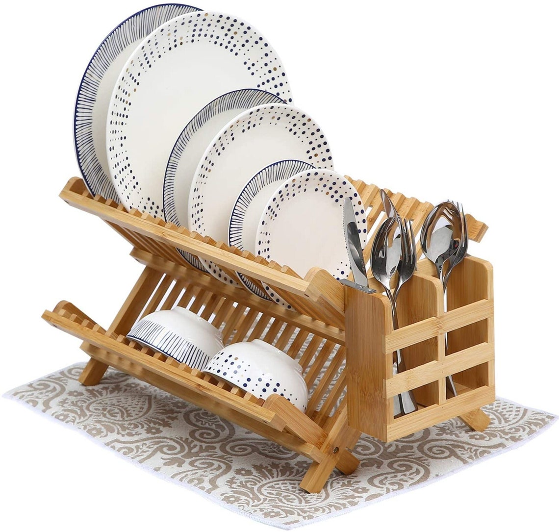 Bamboo Dish Drying Rack with Utensil Holder and Drying Mat Etsy