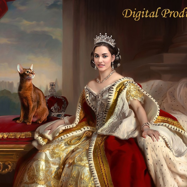 Custom Royal Person and 1 Pet Portrait, Personalized Queen, Historical Renaissance Women Portrait from Photo, Christmas Gift, Digital